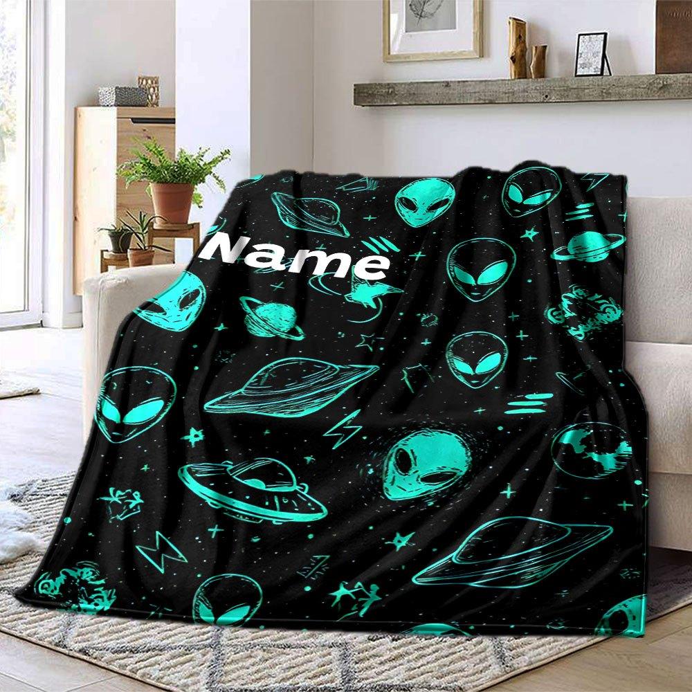 Alien Space Adventure Lightweight Personalized Blanket Customize Your Name Ultra Soft Throw For Sofa Couch Office Bed Picnics Ideal For All Seasons