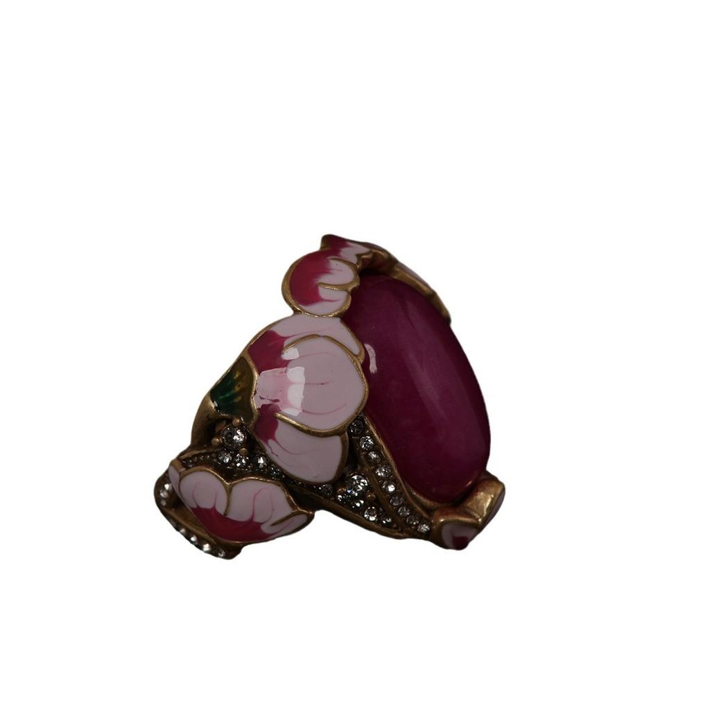 Medieval Vintage High-Grade Copper Gold-Plated Pink Natural Stone Powder Enamel Lotus Ring Earrings Set