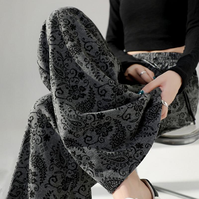 Spring Autumn Women's Elastic Waist Vintage Printing Wide Leg Pants Female Loose Casual All-match Straight Trousers