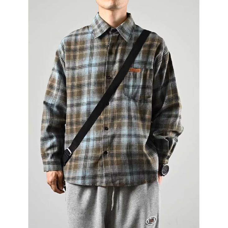 Japanese Style Retro Plaid Shirt Women's Lapel Long-Sleeved Shirt Cashmere Short Coat Couple's Loose Version Spring and Autumn Fashion