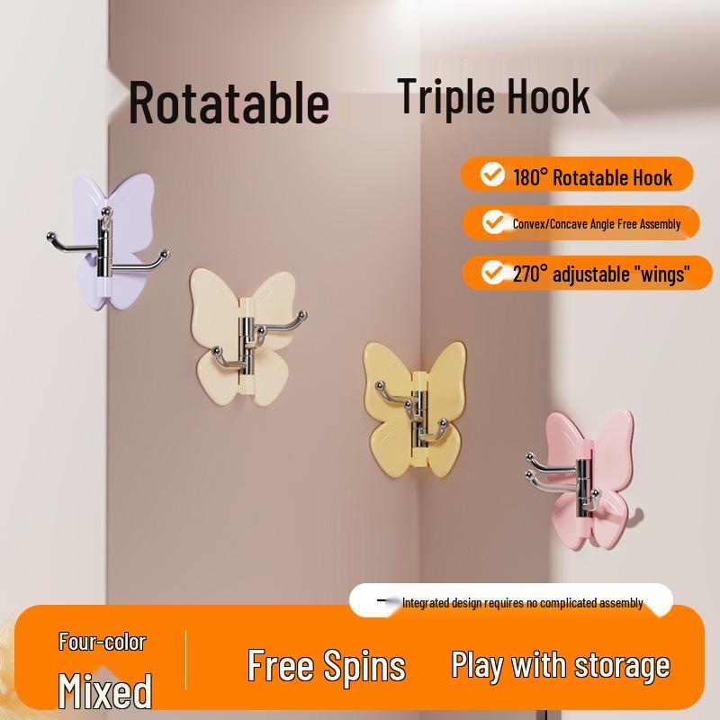 Rotatable Butterfly Wall-Mounted Corner Hook - 3-Arm, Punch-Free, Multi-Purpose Storage for Home and Kitchen.