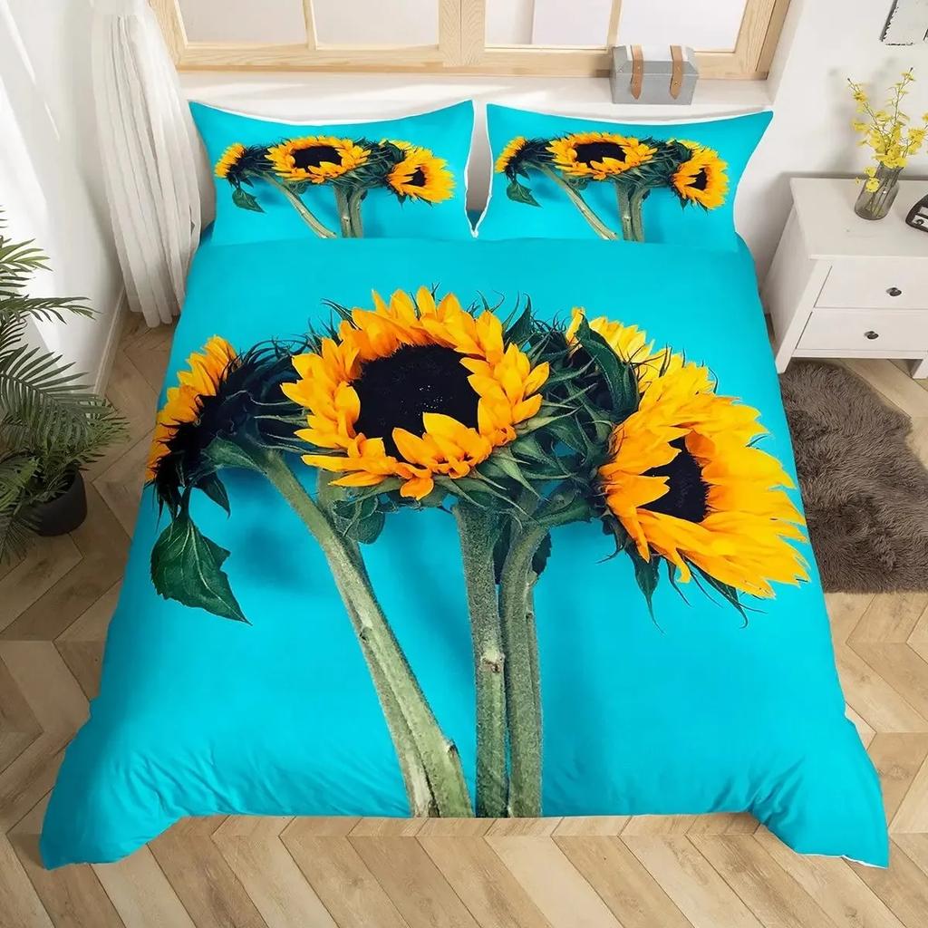 Sunflower Duvet Cover Set,Romantic Flowers On Old Fashioned Letters Postcards Newspapers,girls Sunflower Vintage Bedding Sets