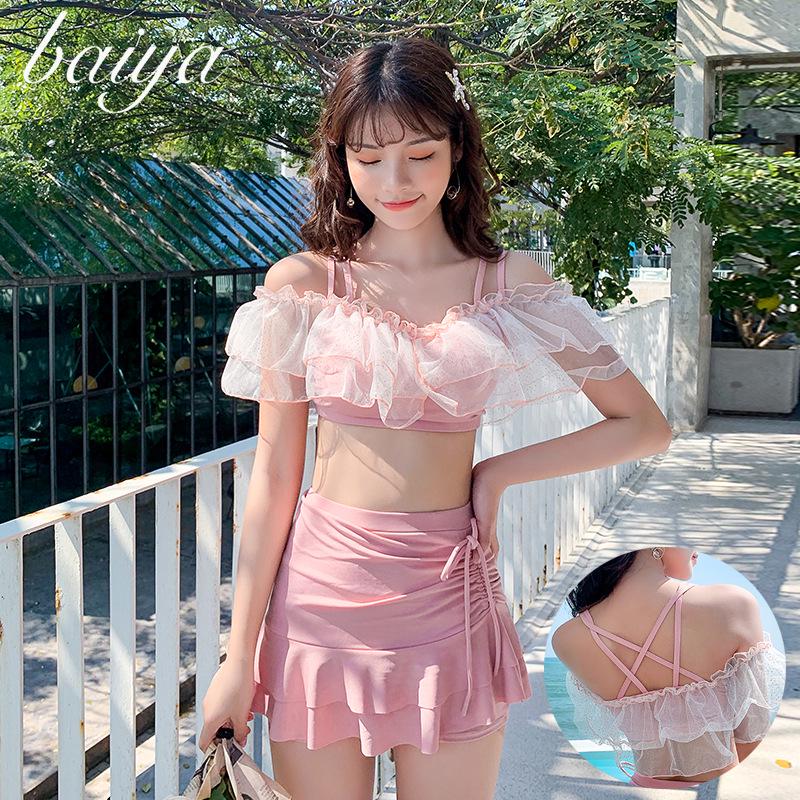 Conservative Slimming Bodycon Skirt Swimsuit: Women's Teenage Two-Piece Swimwear for Small Chest Gathering