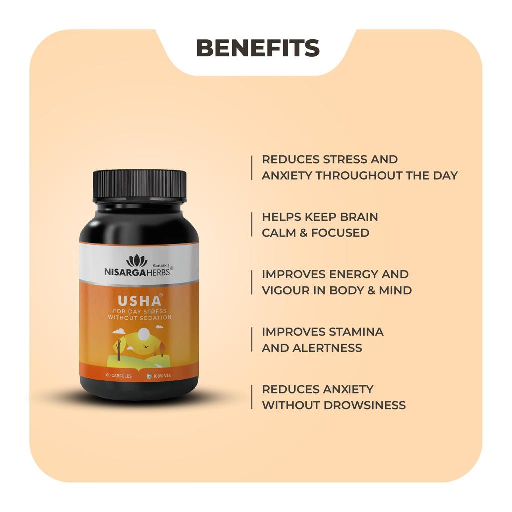 SONARK'S NISARGA HERBS Usha (60 Veg Capsules) – Ayurvedic Daily Stress & Mood Support – Natural Ashwagandha & Shatavari Energy Booster for Mind &