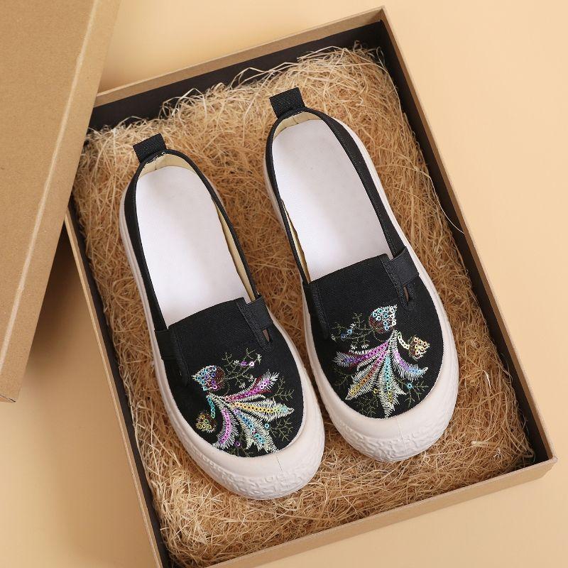 Sommer Neue Ländlicher Stil Damen Schuhe Bestickte Stoffschuhe Einschlupf Leinwand Student Vielseitig Atmungsaktiv Fischer Schuhe