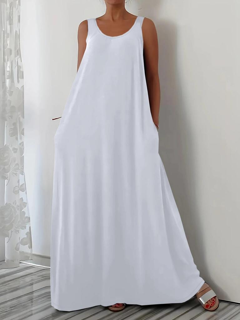 Plus Size Summer Solid Color Dress with Side Pockets (European and American Style)