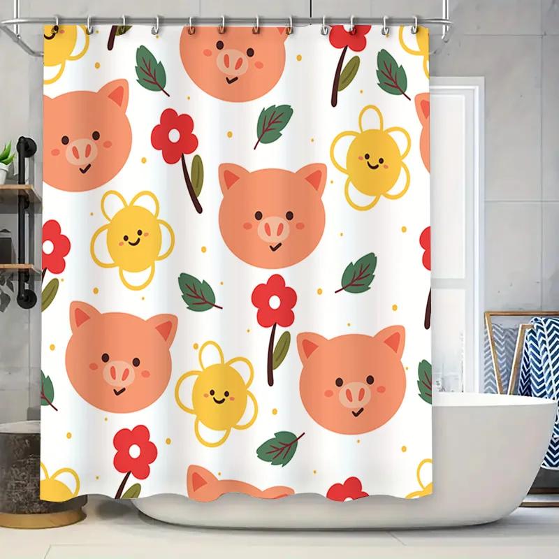 

Animal Floral Shower Curtain Pig Red Flower Bath Decor Fabric Waterproof Room Decoration 71 x 72 Inches (White) 90x180cm