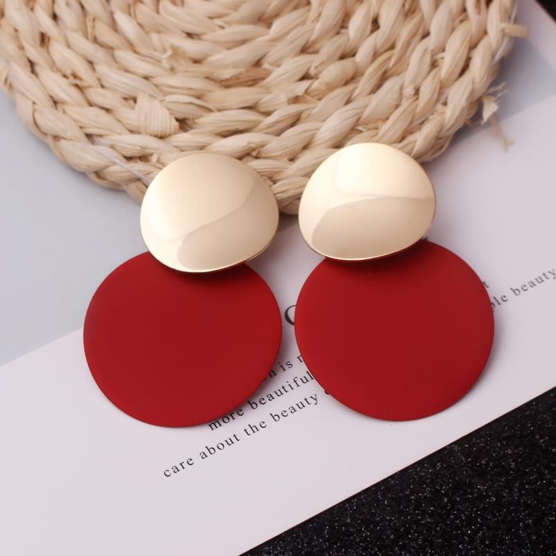 

9Colors Double Round Wafer Drop Earrings for Women European American Colorful Geometry Metal Hyperbole Brincos Party Jewelry красный