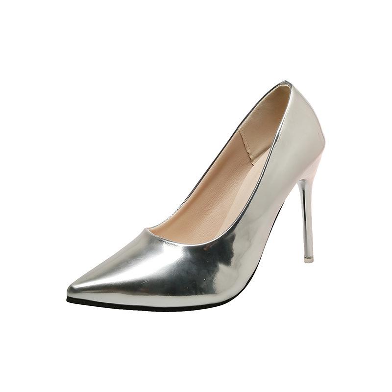 Fashion new metal heel super high heel glossy light mouth pointed head sexy nightclub slim high heel single shoes