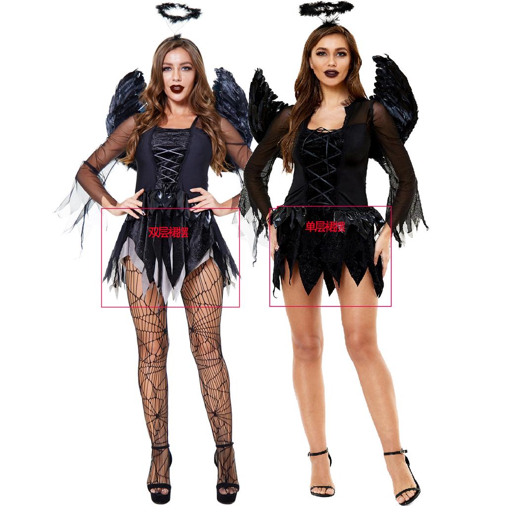 Adults Halloween Costume Cosplay Dark Angel Outfit Dress Wings Hair Band Sexy Women Halloween Clothes Suit WIth Fishnet Stocking