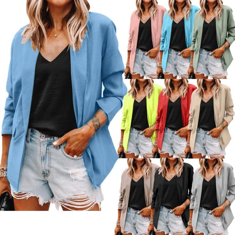 Damen Neue Mode Lässiger Büro-Blazer Jacke Offene Vorderseite Reverskragen 3/4 Ärmel Mittellang Einfarbige Elegante Pendler-Oberbekleidung für Damen