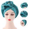 Einfarbige vorgebundene Kreuzwickel-Turban-Mütze mit Blumendekor und Strass-Kopfschal-Kappe Haaraccessoires
