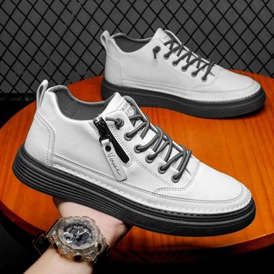 Modne Skórzane Buty na Zamek Błyskawiczny Wygodne Sportowe Sneakersy Wsuwane Buty Męskie Skórzane Casualowe Buty Wysokie Płaskie Botki za Kostkę