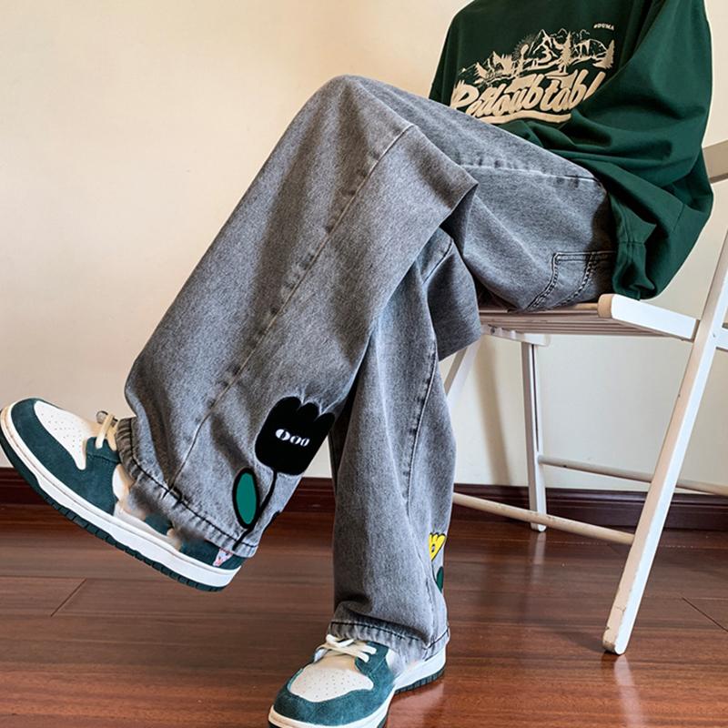 Pantaloni Jeans Largi pentru Bărbați Y2K cu Imprimeu Floral Streetwear American Casual Denim Pantaloni Hombre Vintage Drepți