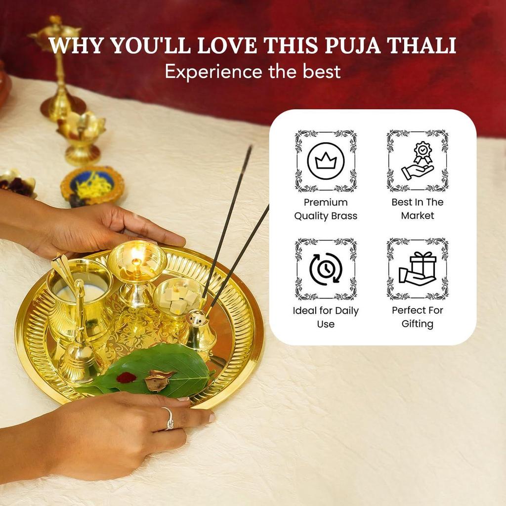 Pure Brass 10 Inch Pooja Thali Set Puja Thali Set for Home & Gifting, Brass Aarti Thali for Pooja, Mandir, Wedding & Festivals