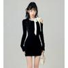 French Black Off-Shoulder Bow Knit Dress – Women's Slimming Hip-Hugging Short Skirt for Spring & Autumn