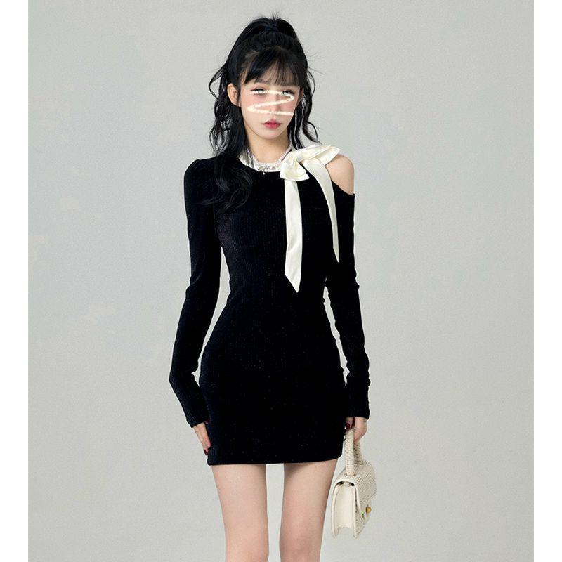 French Black Off-Shoulder Bow Knit Dress – Women's Slimming Hip-Hugging Short Skirt for Spring & Autumn