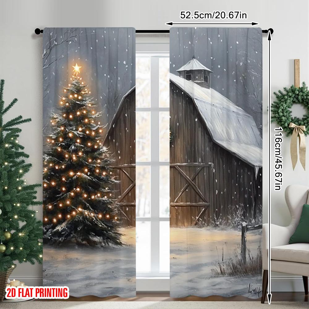 2 szt. zasłon Merry Christmas z płaskim nadrukiem 2D, zimowa scena świąteczna, wszechstronne, trwałe, poliestrowe, bez elektryczności, świąteczne