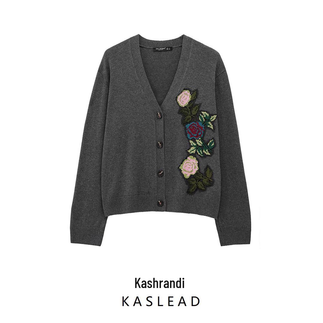 

Spring 2025 Women s Floral Embroidery V-neck Long Sleeve Knitted Cardigan Small темно-серого