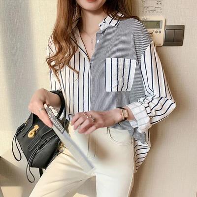 Women Loose Versatile and Slim Stripe Spliced Shirt