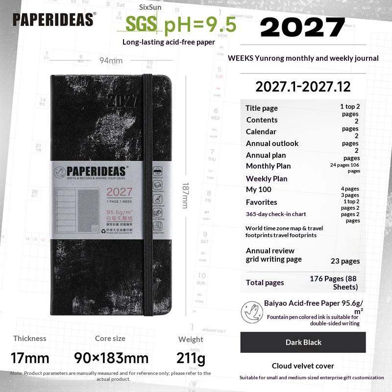 Paperideas Slim 2027 Weekly Planner Notebook PU Hardcover Weeks Journal Acid‑Free Paper Time Organizer Schedule Hand Book