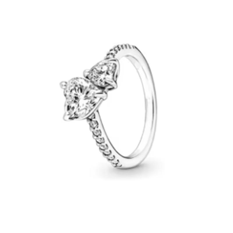 New 925 Silver Sparkling Bow Double Hearted Zircon Ring for Women DIY High Quality Wedding Jewelry Gifts