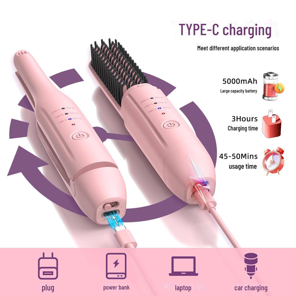 Korean Portable Ionic Hair Straightening & Curling Comb - Dual Purpose Wireless Set