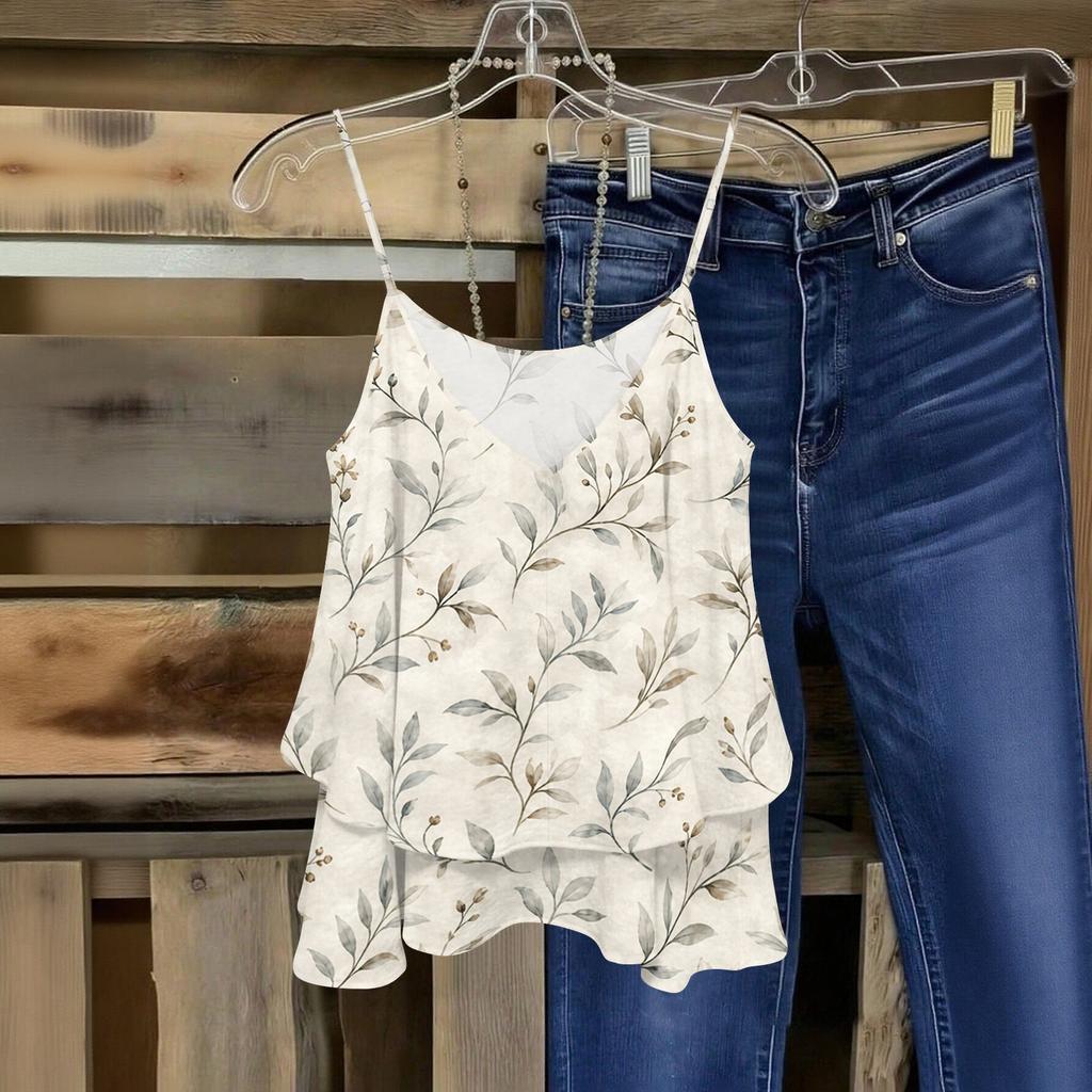 Women Sleeveless Floral Print Double Layer Camisole Top Lightweight Spaghetti Strap Summer Blouse Casual Loose Fit Shirt