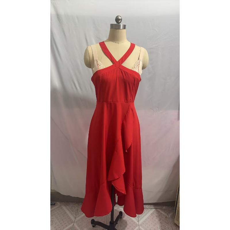 Vestido Midi Sexy Rojo para Mujer con Cruces en el Cuello Halter Volantes Dobladillo Asimétrico Sin Mangas Elegante para Noche Cóctel Boda Dama de Honor Fiesta Formal Baile de Fin de Curso