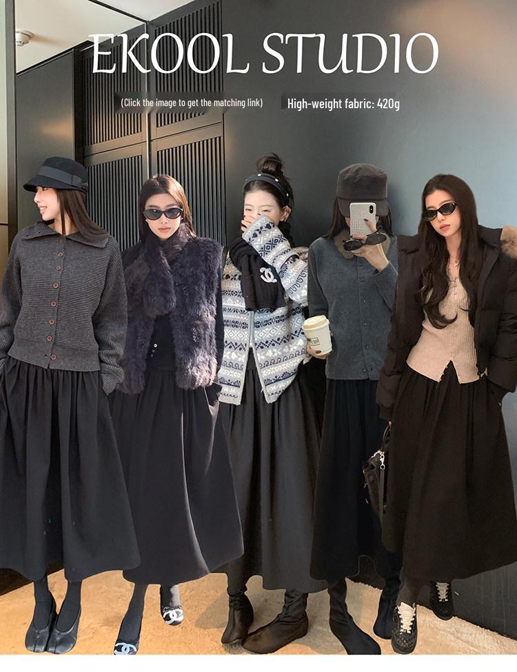 Baisiwang Women's Black High-Waisted A-line Winter Skirt - Slimming, Fluffy, Loose, Mid-Length