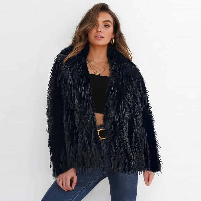 

Short Solid Color Faux Fur Jacket for Women s Autumn and Winter New Style Tassel Fur Jacket S