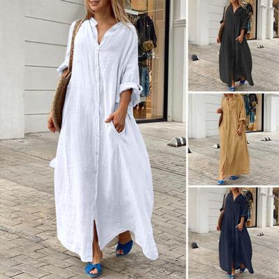 Rochie de femeie de primăvară, vară, mărime mare, largi, culoare pură, buzunare cu un singur piept, decolteu în V, mâneci lungi, tivul despicat, moale, respirabil, ocazional, lungime maxi.