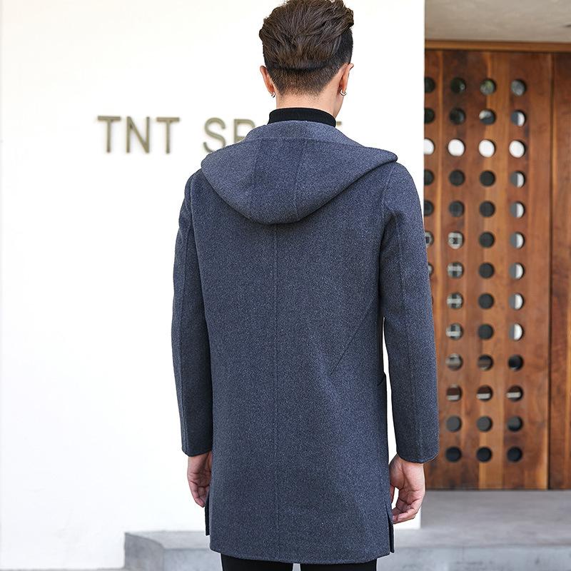 Jesienny i zimowy dwustronny wełniany płaszcz męski średniej długości z kapturem dwustronny wełniany wiatrówka męski płaszcz kaszmirowy kurtka
