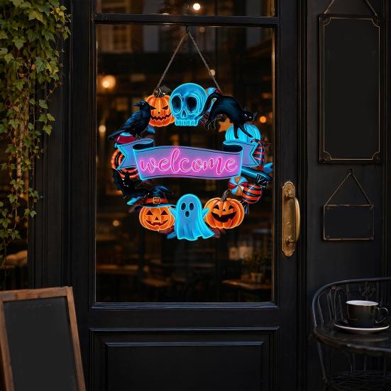 Halloween Holz Türschild, Schwarze Katze Kürbis Skelett Veranda Hängedekoration, Wasserdichtes Außen Willkommensschild, Bereit zum Aufhängen Party Dekoration