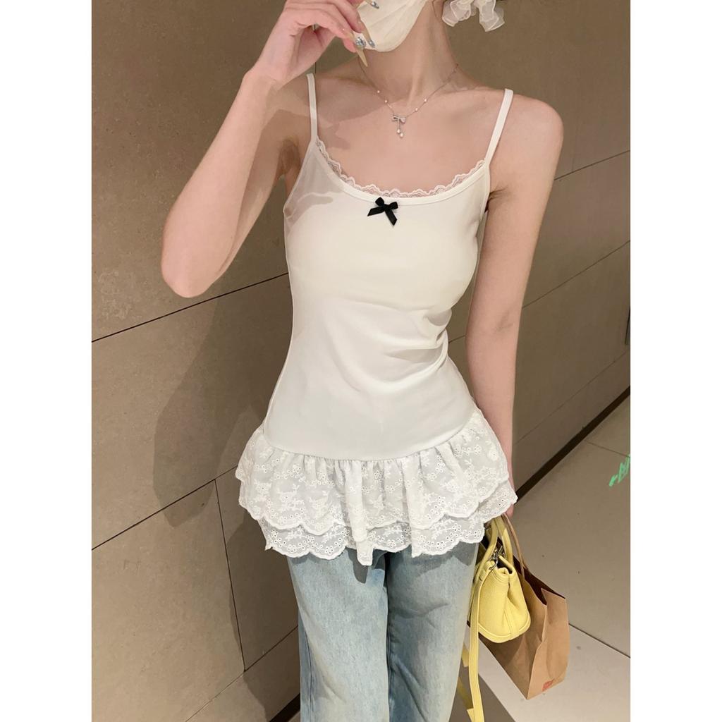 White bow sling vest women's summer lace hem slim fit stacked inside small top bottoming shirt