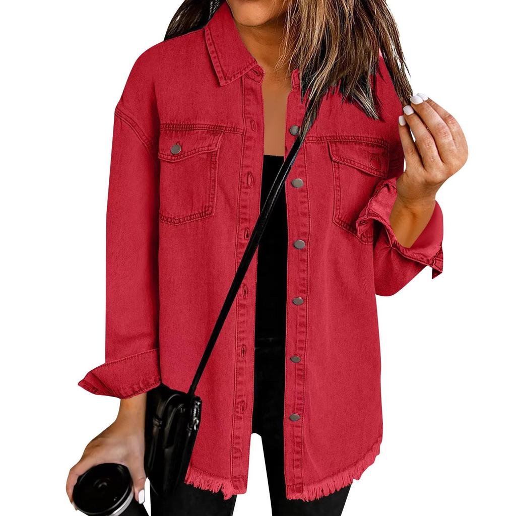 Damesmode Denim Shirtjack Gefreesde Zoom Knoop Casual Lange Mouw Jas