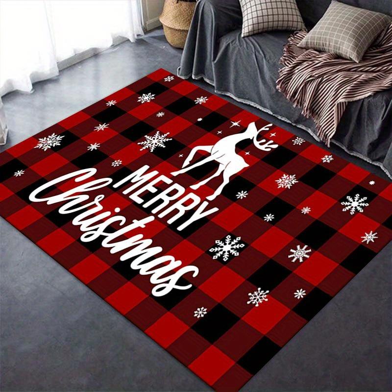 Christmas-Themed Area Rug - 1pc Non-Slip Polyester Floor Mat with Red and Black Plaid, Snowflakes, and Reindeer Patterns - Durab
