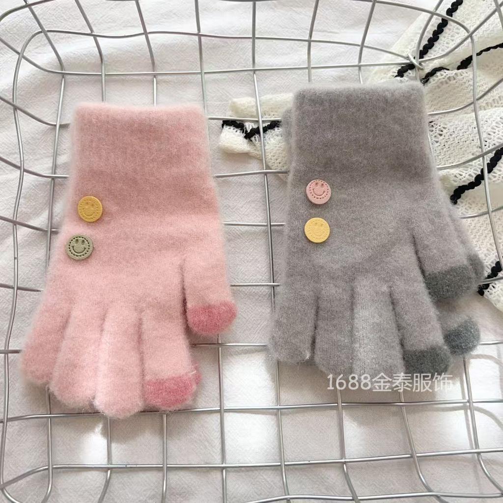 7-12 Year Old Children Button Five Fingers Warm Korean Version Smiley Face Baby Wool Boys and Girls Students Cold-proof Knitted Gloves