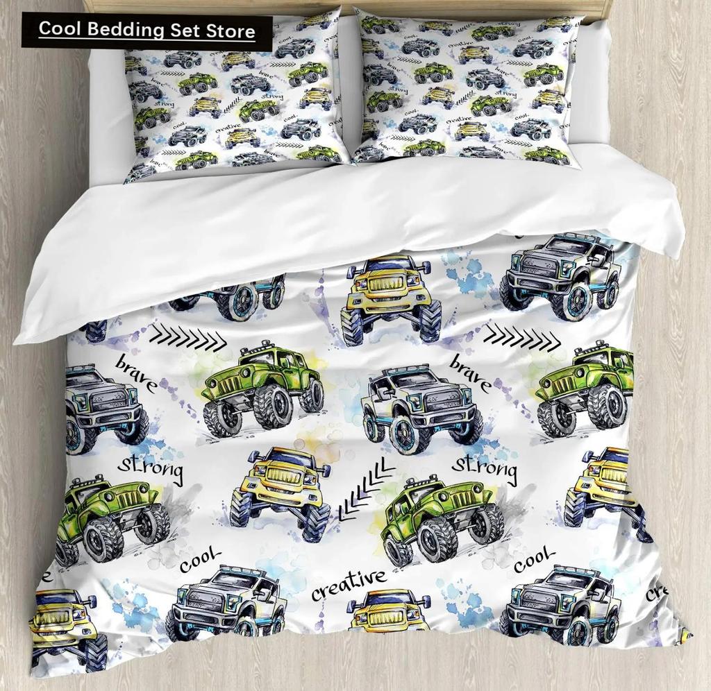 Cars Duvet Cover Set Cartoon Monster Truck Cool Vehicle Duvet Cover Set Bedclothes Double Queen King Size Polyester Qulit Cover