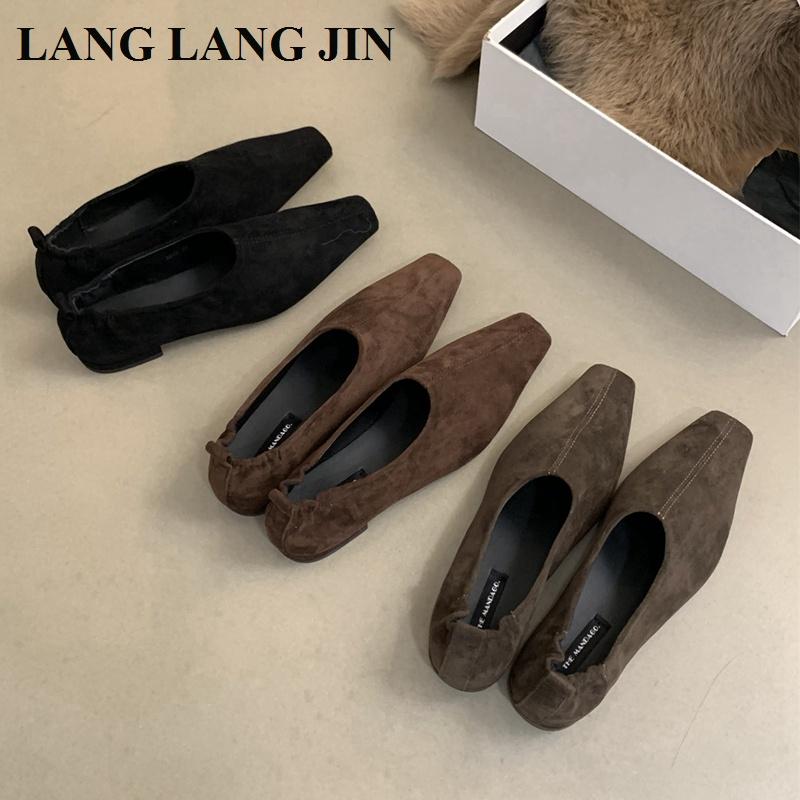 New Spring Autumn Shoes Women Loafers Suede Ballerina Square Toe Flats Ballet Shallow Soft Moccasins British Style Sneaker Mujer