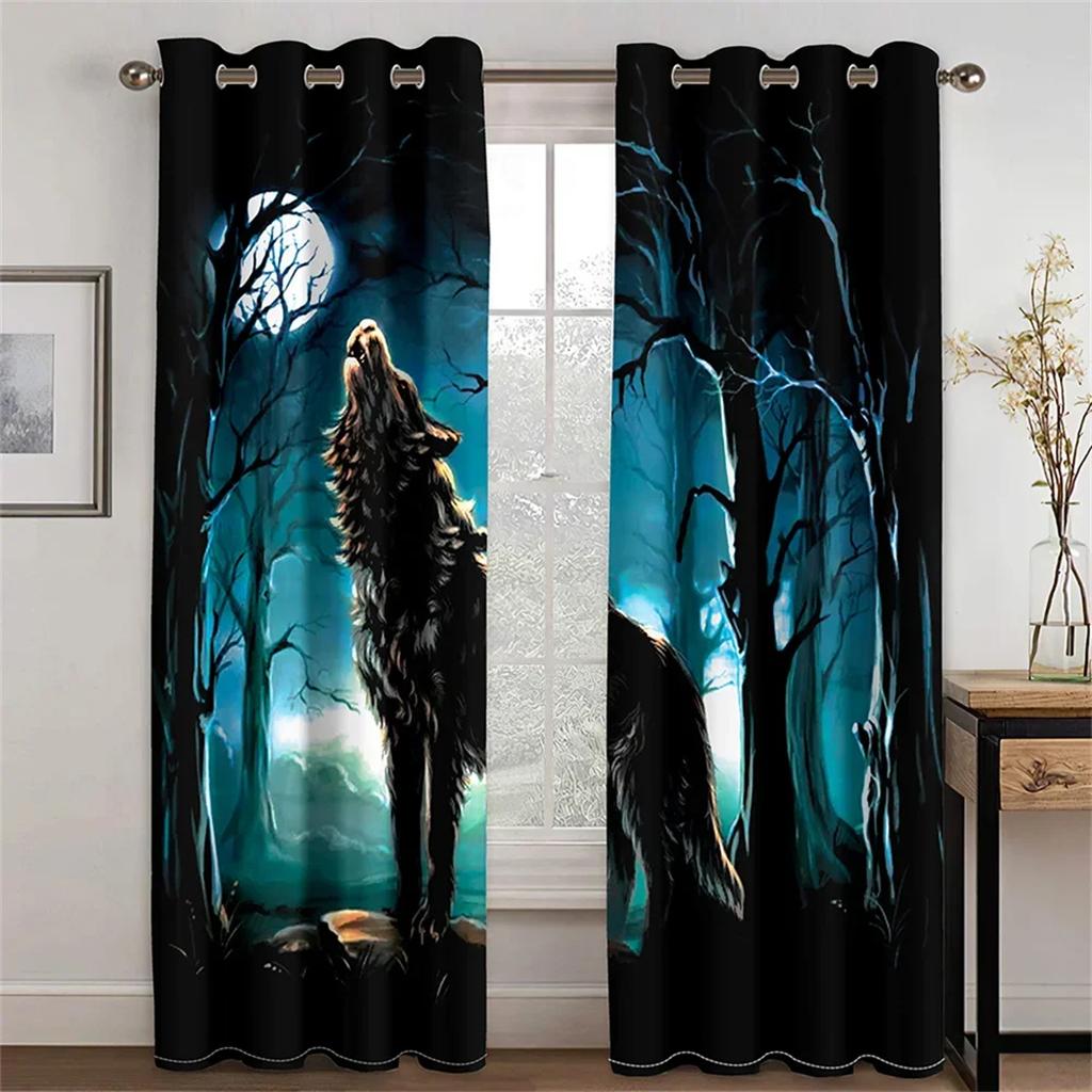 Woonkamer slaapkamer keuken balkon raamdecoratie gordijnen sterrennacht wolf dierengordijnen fel dominant 2 stuks 50W130H(CM)X2PCS&Grommet Top