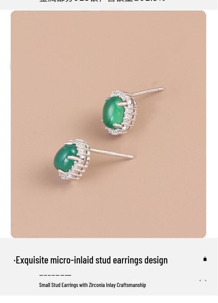 Natural Green Chalcedony & Rhinestone Stud Earrings in S925 Sterling Silver for Women's Elegant Daily Wear
