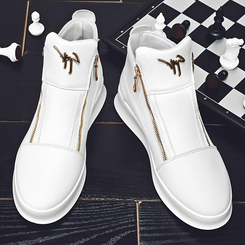 Trendy Men's Shoes, Summer  New Leather Breathable High Top Shoes, Thick Soled White Casual High Top Board Shoes