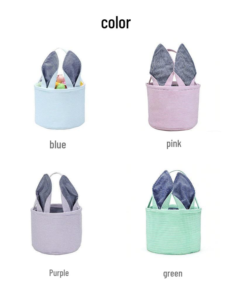 Personalized Easter Basket with Embroidered Rabbit Ears - Plaid Bubble Gauze Tote for Egg Decoration Storage