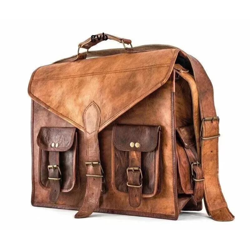 Messenger Shoulder Briefcase Laptop Bag Vintage Leather Men's Genuine Brown Goat