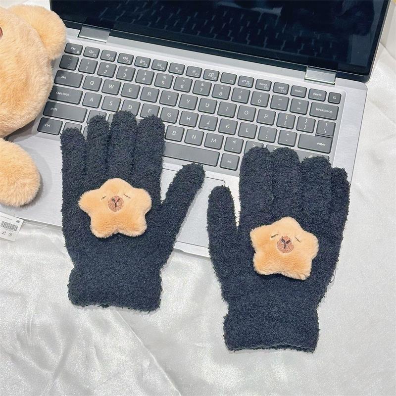 Cute Capybara Gloves Plush Coral Fleece Cold-Proof Gloves Five-Finger Gloves Student Winter Warmer Gloves Girly Christmas Gifts