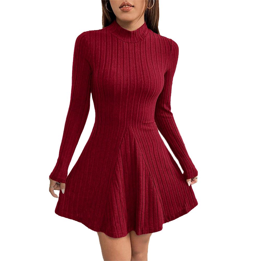 European and American spring and summer new European and American women's clothing ins slim-fitting semi-turtleneck waist A-shaped skirt long-sleeved
