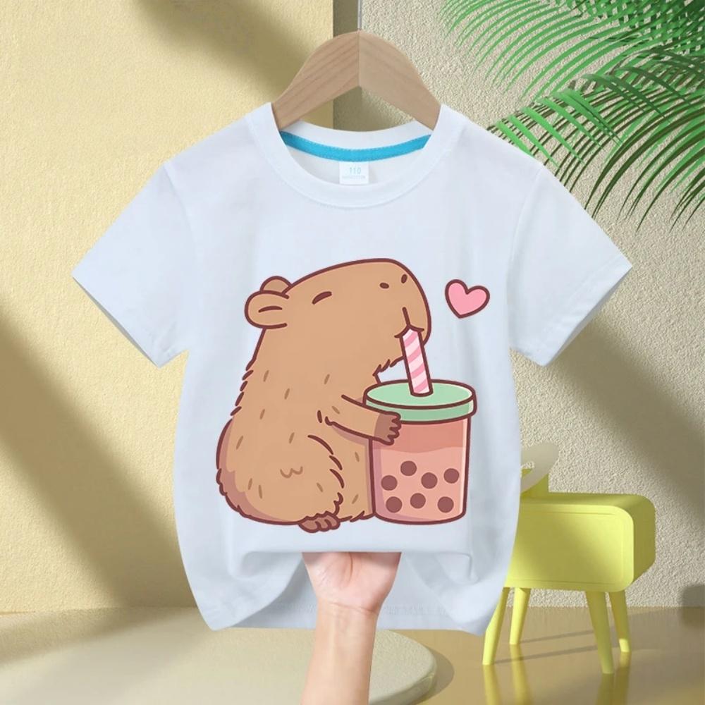 Capybara Girls' T-Shirt Summer Cute Graphic T Shirts O-Neck Girls Short Sleeve Clothing Fashion Casual Tops Children's Clothing