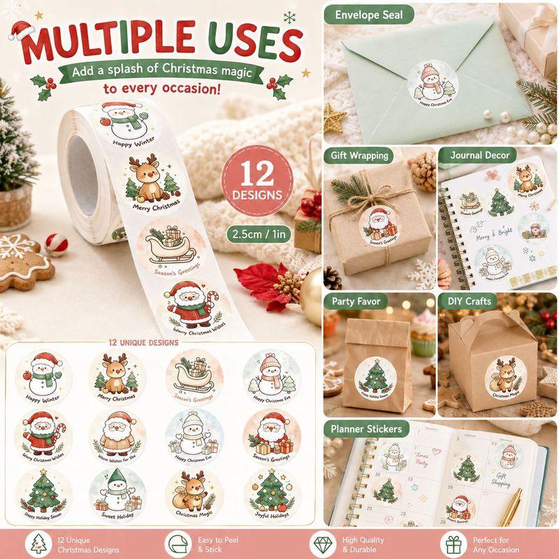 500Pcs/roll Merry Christmas Sticker Cute Santa Snowman Elk Gift Seal Labels Wrapping Decor Stickers for Bag Envelope