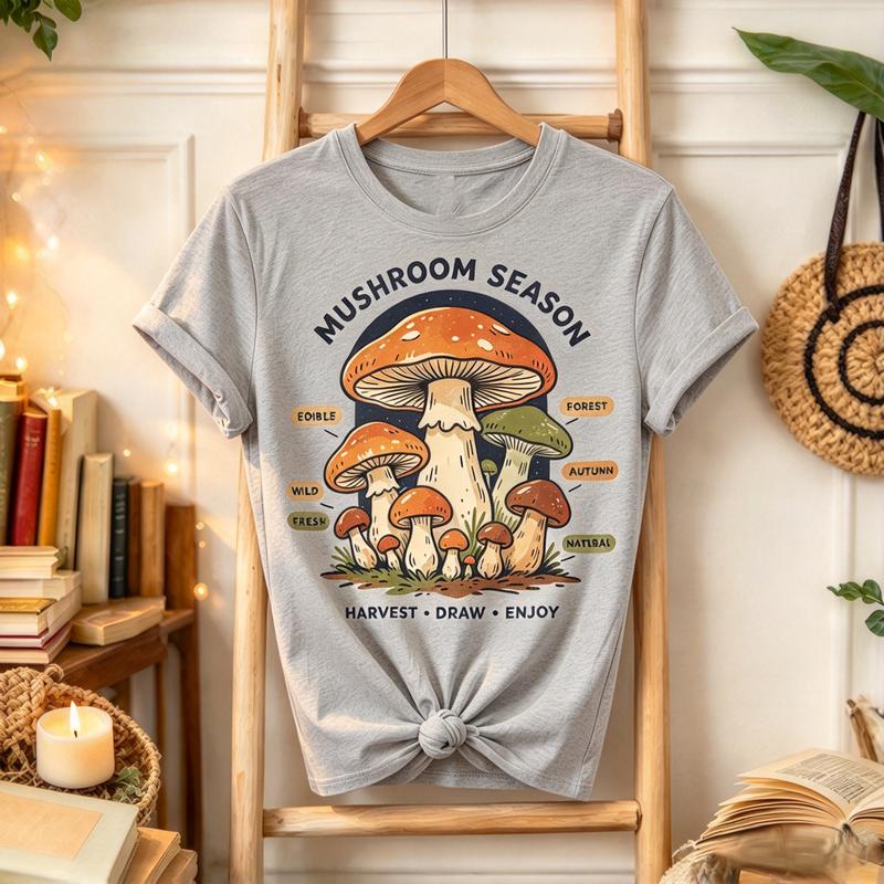 Mushroom Season Graphic T Shirt Unisex Vintage Autumn Forest Fungi Tee Cottagecore Wild Mushroom Lover Short Sleeve Casual Tops